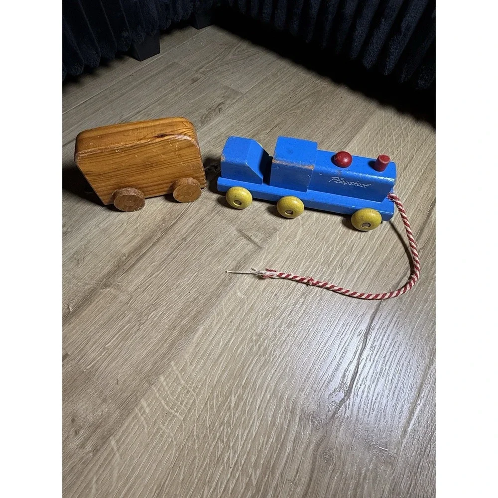 Vintage Playskool Wooden Pull‎ Train Toy Blue Yellow 1960s Classic With Cart